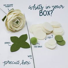 the instructions for making felt flowers are displayed on a white sheet with green leaves and buttons