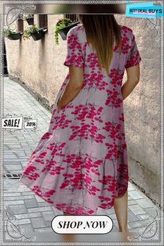 Flower Print Short Sleeve Plus Size Dress Casual Floral Print Midi Dress, Casual Pink Printed Midi Dress, Casual A-line Midi Dress With Floral Print, Casual Flowy Midi Dress With Pockets, Casual Flowy Knee-length Floral Dress, Pink Summer Midi Dress With Pockets, Casual A-line Floral Dress, Casual Knee-length Floral Dress For Day Out, Casual Pink Knee-length Midi Dress