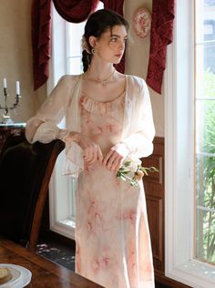 ❤︎Suspender long flower dress + sheer blouse cardigan❤︎ Cardigan Over Dress, Long Flower Dress, Chiffon Cardigan, Watercolor Dress, Cute Dress Outfits, Chiffon Floral, Embroidered Cardigan, Flower Dress, Sheer Chiffon