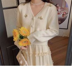 V Neck Floral Embroidered Knitted Cardigan Sweater – Nada Outfit Land Cardigan Y2k, Blue Lily, Embroidery Sweater, Vintage Trends, Knitting Women Cardigan, Party Dress Long Sleeve, Sweater Oversize, Áo Len Cardigan, Chic Top