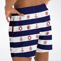 Get ready to soak up the sun in our Maris Equi Men's Nautical Swim Shorts. Designed for comfort and performance, this swimsuit is perfect for all your aquatic adventures. Mix and match with our coordinating shirts, flip flops, and swim briefs to create your own signature beach look. Shop now and make waves with Maris Equi! These swim trunks are handmade after you order them. Please allow 2 weeks for delivery. This suit has a lot of stretch and is very size friendly. If you want a tighter look, s Bermuda Swim Trunks With Built-in Shorts For Vacation, Cotton Swim Trunks With Built-in Shorts For Pool, Navy Swimwear With Built-in Shorts, Navy Swimwear With Built-in Shorts For Vacation, Navy Bottoms With Built-in Shorts For Beach, Athletic Shorts With Built-in Shorts For Beach, Navy Swim Trunks With Built-in Shorts For Beach, Moisture-wicking Cotton Swim Trunks For Poolside, Navy Athletic Shorts For Summer Beach Activities