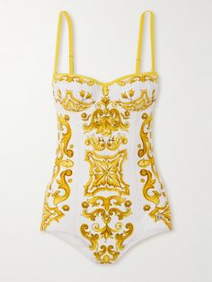 Dolce&Gabbana's swimsuit is perfect for plunging into the sea or the hotel's infinity pool. Covered with a ceramics-inspired print paying homage to the art of Majolica, it has wired balconette cups and adjustable, removable straps. Bathing Suit Designs, Dressy Hats, Yellow Swimsuits, Eyewear Shop, Roman Holiday, Sport Swimwear, Sports Skirts, Cute Swimsuits, Dolce E Gabbana