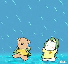 two teddy bears are standing in the rain