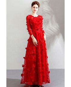 Buy Special Long Red Floral Party Dress With Long Sleeves Flowers at wholesale price online. Free shipping and pro custom service since 2009. Red Long Sleeve Banquet Dress, Elegant Red Long Sleeve Party Dress, Elegant Red Long Sleeve Dress For Party, Long Sleeve Floral Print Maxi Dress For Wedding, Winter Prom Long Sleeve Maxi Dress, Winter Prom Maxi Dress With Long Sleeves, Red Long Sleeve Gown For Prom Season, Long Sleeve Prom Gown For Party Season, Long Sleeve Gown For Prom Party Season