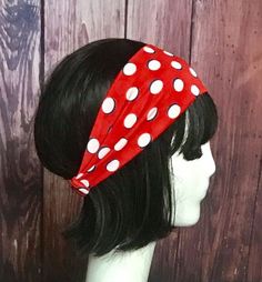 Wide Vintage Lycra Red Polka Dot headband 4" wide with 1" elastic band. Fits up to 22" head size Red Adjustable Headband, Adjustable Red Bandana Headband, Retro Adjustable Headband For Spring, Retro Adjustable Spring Headband, Adjustable Red Headband For Spring, Adjustable Red Headband For Summer, Adjustable Retro Bandana Headband, Polka Dot Headband, Knit Headband