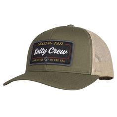 Complete your laid-back look with this Salty Crew Marina Retro Trucker Adjustable Hat. This stylish hat features a classic trucker design with solid front panels and breathable mesh mid and rear panels, ensuring you stay cool and comfortable all day long. The Salty Crew brand logo takes center stage, prominently displayed on a fabric applique embroidered across the crown for an eye-catching look. Whether you're casting a line or enjoying a day by the water, this hat is the perfect blend of style Casual Trucker Hat With Mesh Back And Flat Brim, Casual Mesh Trucker Hat With Flat Bill, Trucker Hat With Mesh Back And Curved Bill, Casual 5-panel Hat With Mesh Back, Fabric Applique, Stylish Hats, Center Stage, Stay Cool, Adjustable Hat