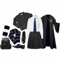 a group of clothing and accessories including shoes, sweaters, dress shirt, tie