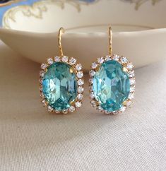 Large Teal Blue Oval Halo Earrings, Summer Wedding, Something Blue, Aqua, Aquamarine, Rhinestone, Halo, Bridal Earrings, Old Hollywood - Etsy Blue Halo Setting Earrings For Wedding, Steel Blue Weddings, Wedding Something Blue, Large Statement Earrings, Blue Crystal Earrings, Antique Jewellery Designs, Earrings Summer, Halo Earrings, Blue Bridal