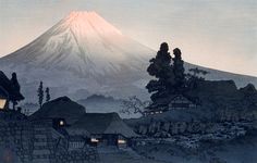 a painting of a mountain in the distance with houses and trees around it at dusk