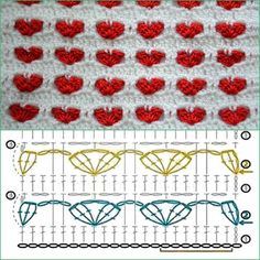 the crochet pattern for hearts is shown in red, yellow and blue colors