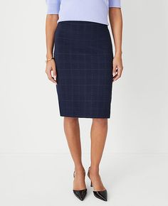 Elevate your wardrobe with the Ann Taylor Petite Plaid Pull-On Pencil Skirt. Perfect for a seamless transition from office to evening, this skirt combines style and comfort with its plaid pattern and easy pull-on silhouette.

- Size: Petite XS
- Color: Night Sky
- Material: 63% Cotton, 35% Polyester, 2% Spandex
- Length: 22 inches long
- Fit: Hits at thigh
- Care: Machine washable

Crafted with a blend of cotton, polyester, and spandex, this skirt ensures a comfortable fit that moves with you. T City Girl Style, Creatures Of Comfort, Plaid Pencil Skirt, Knitted Suit, Semi Annual Sale, Seamless Transition, Pencil Skirts, Professional Women, Plaid Pattern