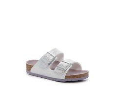 Silver Cushioned Slip-on Sandals, Silver Round Toe Sandals For Spring, Silver Sandals With Round Toe For Spring, Spring Silver Flat Heel Sandals, Silver Sandals With Cushioned Footbed In Synthetic Material, Closed Toe Silver Sandals With Cushioned Footbed, Silver Sandals With Cushioned Footbed, Silver Synthetic Sandals With Cushioned Footbed, Silver Closed Toe Sandals With Cushioned Footbed