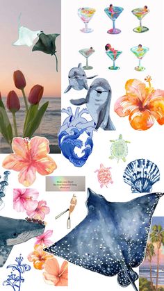 an assortment of sea life including dolphins, flowers and other things that are in the water