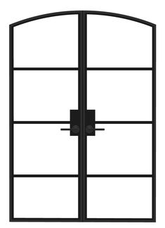 a black iron door with two glass panels on the top and bottom, in front of a white background