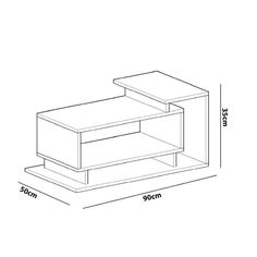 a line drawing of a coffee table with two shelves on one side and an end shelf on the other