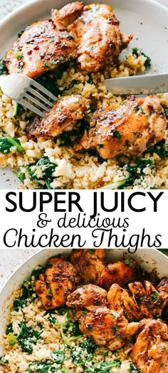 chicken and rice with spinach in a white bowl on a table next to the words super juicy & delicious chicken nights