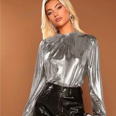 Super Cute And Stylish Ships In 5-10 Business Days Metallic Fitted Long Sleeve Tops, Metallic Fitted Tops For Spring, Glamorous Metallic Tops For Fall, Metallic Long Sleeve Tops For Fall, Trendy Metallic Tops For Fall, Casual Long Sleeve Metallic Top, Chic Fitted Metallic Blouse, Casual Metallic Party Tops, Metallic Long Sleeve Glamorous Blouse