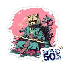 a sticker with a raccoon sitting on the ground and holding a broom