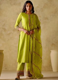 Neon Green Embellished Silk Kurta Palazzo Set Varun Chhabra - Fabilicious Fashion Kurta And Palazzo, Kurta Palazzo Set, Kurta Palazzo, Palazzo Set, Cotton Dupatta, Silk Kurta, Kurta Designs Women, Indian Suits, Organza Dupatta