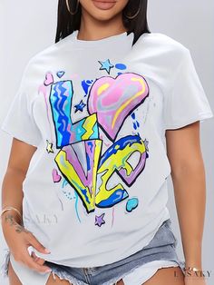 Lasaky - Premium Plus-Size Womens Casual T-shirt: Short-Sleeved Crew Neck Top with a Slight Stretch, Featuring a Chic Letter and Heart Print Design. Summer Crew Neck Top With Graffiti Print, Summer Graffiti Print Crew Neck Top, Summer Tops With Heart Graphic And Crew Neck, Trendy Short Sleeve Top With Graffiti Print, Stretch Summer Tops With Heart Print, Casual Short Sleeve Tops With Heart Graphic, Trendy Graffiti Print Crew Neck Tops, Trendy Relaxed Fit Top With Graffiti Print, Spring Short Sleeve T-shirt With Graffiti Print