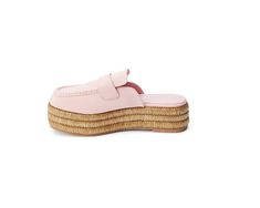 Description: Experience perfection with these pink vegan loafer mules on platform raffia bottom. Leather Platform Loafers For Summer, Summer Leather Slip-on Platform Loafers, Summer Slip-on Leather Platform Loafers, Pink Slip-on Platform Slippers For Spring, Trendy Pink Platform Slippers For Spring, Trendy Pink Clogs For Summer, Trendy Pink Summer Clogs, Pink Platform Slip-on Slippers, Summer Platform Loafers With Round Toe