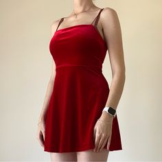 Red Velvet Sleeveless Skater Mini Dress Women's Small Urban Outfitters New With Tags Excellent Condition No Flaws Polyester/Spandex Blend Stretchy Elastic Straps Square Neckline Flowy Skater Skirt Mini Length 13.5" Pit To Pit 31" Length Model Is 5'10", 36" Chest, 28" Waist, And 37" Hips 1-2 Days To Ship Smoke-Free Home Accepting Reasonable Offers Message Me If You Have Any Questions Thank You For Supporti Skater Mini Dress, Mini Skater Dress, Skirt Mini, Urban Dresses, Urban Outfitters Dress, Square Neckline, Polyester Spandex, Cosplay Costumes, Skater Skirt