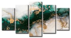 an abstract painting with green and gold paint on it's walls, in the style of marble