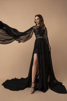 Exquisite Black Gothic Dresses with Sheer Beaded Bodice and Cape - Elegant High-Slit Evening Gown Plus Size - WonderlandByLilian Evening Gown Plus Size, Black Gothic Dress, Black Lace Prom Dress, Gothic Dresses, Tulle Party Dress, Formal Evening Wear, Exquisite Gowns, Gown Plus Size, Stunning Prom Dresses