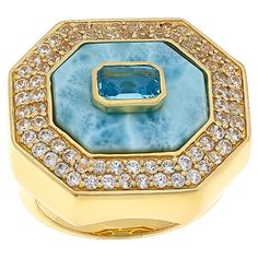 Rarities Freeform and Octagonal-Cut Gemstone Gold-Plated Ring  A geometric silhouette and bold gemstone design make this gold-plated ring a true statement piece. The octagonal-cut Swiss blue topaz set atop your favorite freeform gemstone is sure to catch the eye, while pavé white zircon add showstopping sparkle.       Approx. 7/8"L x 1"W x 5/16"H; shank 1/16"W     Stamped .925 sterling silver; gold plating   Stone Information       All sizes and weights approximate     Color-Enhanced Black Agate Luxury Octagon Ring With Gemstone Accents, Gold Jewelry With Rectangular Accent Stones, Modern Rings With Octagon Center Stone, Modern Octagon Rings With Center Stone, Modern Octagon Topaz Gemstone Ring, Modern Octagon Topaz Ring, Modern Octagon Ring With Accent Stones, Modern Octagon Rings With Accent Stones, Modern Octagon Jewelry With Accent Stones