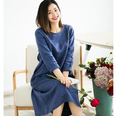 Corduroy Buttons Dresses Loose Winter Autumn Dresses Casual Women Dres – SimpleLinenLife Women Dresses Casual Summer, Spring Dresses Women, Linen Shirts Women, Linen Dress Women, Work Dresses For Women, Summer Linen Dresses, Wool Coat Women, Womens Fall Dress, Round Neck Shirt