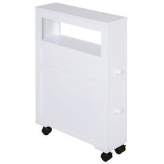 a white cabinet with wheels and a shelf on the top is shown in front of a white background