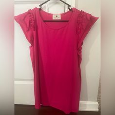 Never Worn, 95% Cotton/5%Spandex Solid Color T-shirt With Ruffle Sleeves For Spring, Stretch T-shirt With Ruffle Sleeves For Summer, Pink Stretch Top With Ruffle Sleeves, Spring Ruffle Sleeve Stretch T-shirt, Pink Fitted Top With Flutter Sleeves, Fitted Cotton T-shirt With Ruffle Sleeves, Solid Casual T-shirt With Flutter Sleeves, Pink Ruffle Sleeve T-shirt With Ruffles, Pink Ruffle Sleeve T-shirt