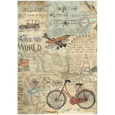 two pieces of paper with old maps and bicycles on them, one has an airplane