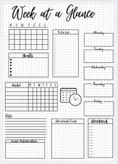 the week at a glance calendar is shown in this black and white printable planner