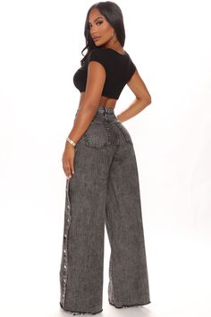 Available In Black. Non Stretch Denim 11.5" High Rise 33" Inseam Wide Leg Jeans 5 Pocket Hidden Button Closure Functional Side Snap Buttons Raw Hem Side Snap, Ribbed Mini Dress, Review Fashion, Loungewear Women, Womens Loungewear, Shop Maxi Dresses, Black Crop Tops, Graphic Tees Women, Rompers Women