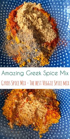 two different types of spices on a blue plate with the words amazing greek spice mix