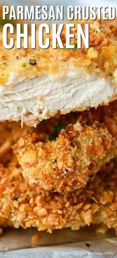 parmesan crusted chicken cut in half and stacked on top of each other