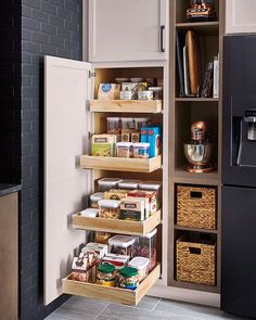 an open pantry with lots of food in it