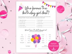 a birthday wish card with balloons and streamers around it on a pink background that says, who knows the birthday girl best?