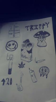 a piece of paper with stickers on it that says trippy and other items