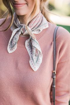 necktie bandana scarf with sweater | pink sweater | winter Style | accessory trends Wear A Scarf, Valentines Day Dresses, Stylish Scarves, Scarf Silk, Style Inspiration Fall