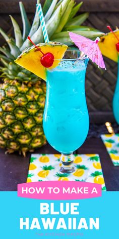 two blue hawaiian cocktails with pineapple in the background