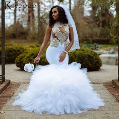 White Mermaid Long Wedding Dresses Stunning Beaded Bottom Ruffles Bridal Gowns-FrenzyAfricanFashion.com Ruffle Bridal Gown, African Mermaid, Wedding Dresses 2022, Extravagant Wedding Dresses, Glam Wedding Dress, White Mermaid, Stylish Wedding Dresses, Aline Wedding Dress, Fancy Wedding Dresses