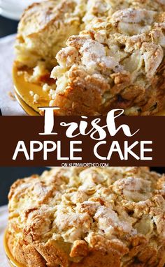 irish apple cake on a plate with the title above it