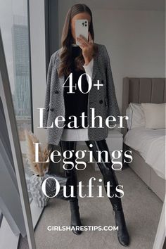 Black Leather Look Leggings Outfit, Leather Legging Boots, Styling Vegan Leather Leggings, Brown Leather Jegging Outfit, Outfits Black Leather Leggings, Party Leggings Outfit, What To Wear With Leather Leggings Black, Leather Leggings Outfit Night Out, Date Night Leather Pants