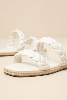 Step into summer with a fresh new look thanks to the Lulus Kennmar Off White Leather Braided Espadrille Slide Sandals! These smooth genuine leather sandals have a comfortable slide-on design, two braided straps, and a square toe bed. Sole is trimmed in beachy jute for a Boho-inspired finish. 0. 5" Rubber heel. Cushioned insole. Rubber sole has nonskid markings. Genuine leather upper. Balance man made materials. Imported. Lulus | Kennmar Off White Leather Braided Espadrille Slide Sandal Heels | S Leather Footbed Sandals For Beach In Spring, Leather Footbed Sandals For Beach And Spring, Spring Leather Footbed Sandals For Beach, Summer Leather Footbed Sandals With Round Toe, Leather Footbed Sandals With Round Toe For Summer, Closed Toe Slides With Leather Footbed For Beach, Closed Toe Leather Footbed Slides For Beach, Beach Slides With Leather Footbed And Closed Toe, Closed Toe Leather Slides For Beach