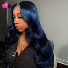 Sapphire Blue Human Hair Wig Without Glue Colorful 13x6 Body Wave Lace Front Wig Original Human Hair Blue To Black Hair Ombre, Midnight Blue Wigs For Black Women, Dark Blue Lace Front Wig, Midnight Blue Wig, Navy Blue Wig, Blue Hair Black Women, Royal Blue Wig, Pretty Diary