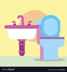 a bathroom scene with a toilet and sink in the same color scheme as well as a yellow background