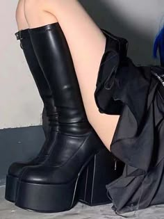 DETAILS PU leather Synthetic lining 4" heel Short shaft: 6.3" Medium shaft: 13.3" Long shaft: 25.3" Black Chunky Platform Heels, Goth Shoes, Short Noir, Heels Chunky, High Heel Dress Shoes, Women's Motorcycle Boots, Boots High Heels, Platform Heels Boots, Boots Knee High