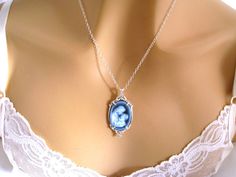 "Real Cameo Necklace, New Mom Gift, Mother and Child Cameo Necklace Sterling Silver Carved Agate, Blue Cameo Necklace, Cameo Jewelry Jewellery I love the sweetness in this beautiful genuine carved agate Victorian Mother/Child cameo necklace. The pendant is a neoclassical woman and child against a blue background. This is the real thing - carved from agate stone, and is framed in sterling silver hanging on a sterling silver chain. Length: your choice - 16 to 30 inches Pendant: 1.38 inches (18 x 1 Blue Cameo Jewelry For Formal Occasions, Formal Blue Cameo Jewelry, Blue Cameo Necklace For Wedding, Blue Cameo Jewelry For Wedding, Blue Cameo Necklace For Formal Occasions, Victorian Mother, Cameo Jewelry, Cameo Necklace, Mother And Child